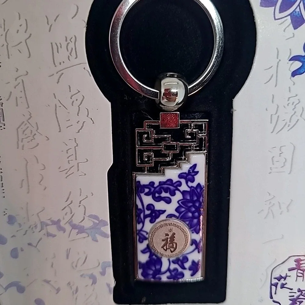 Blue White Porcelain Keychain Silver Tone Floral Chinese Character Box